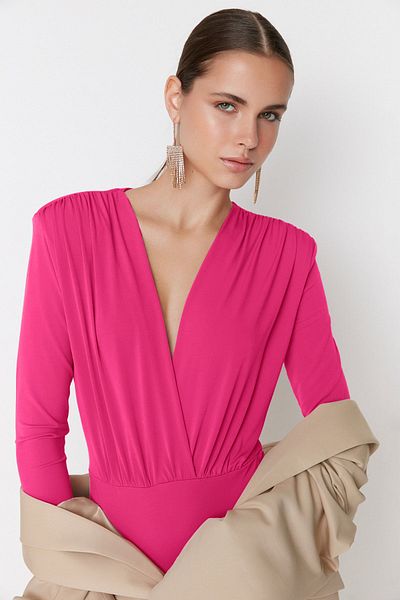 Trendyol Collection Fukszia duplasoros galléros kötött test TPRAW22BD0161