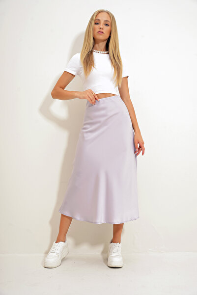 Trend Alaçatı Stili Dámska sivá midi dĺžka vnútorná elastická saténová rozšírená sukňa ALC-X12576