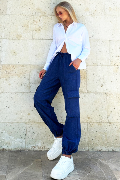 Trend Alaçatı Stili Indigo Dámské Jogger Kalhoty – Elastický pas, Cargo Pocket Alc-X12573