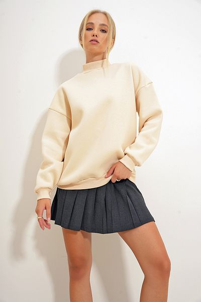Trend Alaçatı Stili Μπεζ γυναικείο φούτερ oversize - μισό ζιβάγκο, ράστερ, 3 κλωστές ALC-X12627