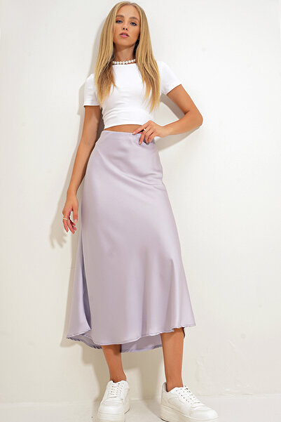 Trend Alaçatı Stili Dámska sivá midi dĺžka vnútorná elastická saténová rozšírená sukňa ALC-X12576