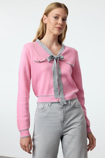 Trendyol Collection Knitwear Cardigan with Gray Ribbon Bow Detail - Twoaw25Hi00246