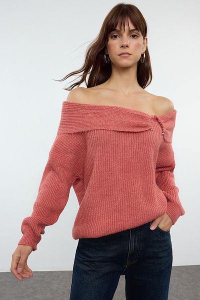 Trendyol Collection Pulover din tricotaje cu guler Carmen Dusty Rose - Textura moale TWOAW25KZ00266