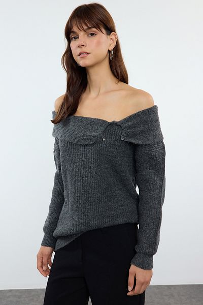 Trendyol Collection Carmen Collar Anthracite Knitwear Sweater - Soft Texture Twoaw25Kz00266