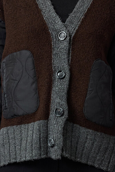 Trendyol Collection Color Blocked Anthracite Knitwear Cardigan - Soft Texture, Quilted Detail Twoaw25Hi00294