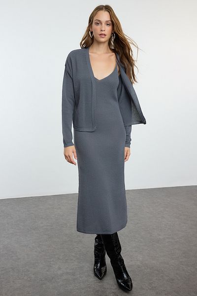 Trendyol Collection Premium Anthracite Midi Knitwear Cardigan and Dress Set - Special Yarn Twoaw25El00075