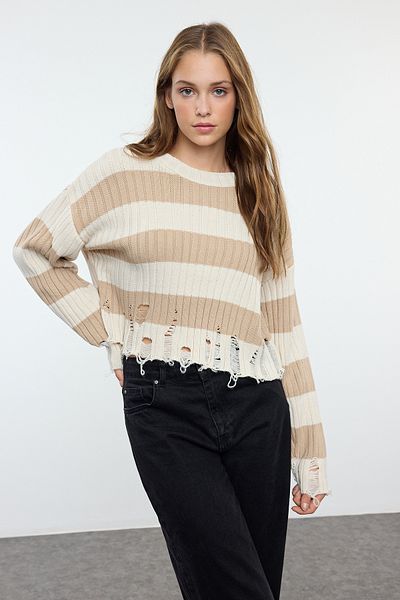 Trendyol Collection Pulover tricotat cu dungi Stone Crop Wide Fit TWOAW24KZ00905