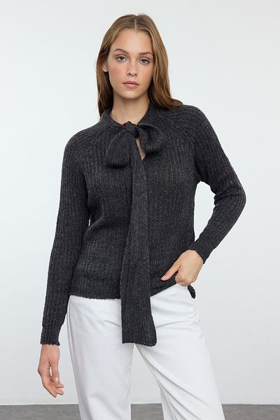 Trendyol Collection Anthracite Knitwear Sweater - Soft Texture, Ribbon/Bow Loose Knit Twoaw25Kz00093