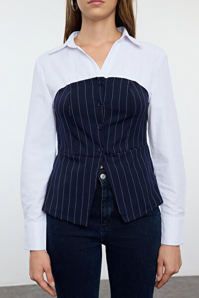 Trendyol Collection Tkaná košile s pruhovanou vestou v námořnické modré bez ramínek - TWOAW25GO00054