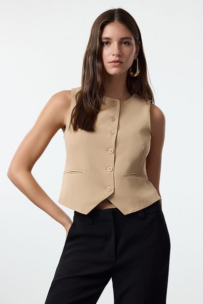 Trendyol Collection Mink Fitted Crop Woven Vest Twoaw25Ye00055