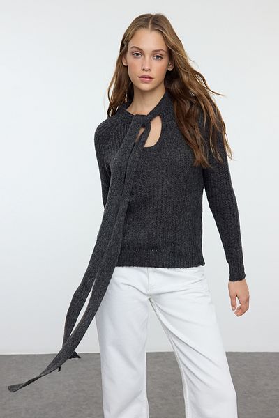 Trendyol Collection Anthracite Knitwear Sweater - Soft Texture, Ribbon/Bow Loose Knit Twoaw25Kz00093