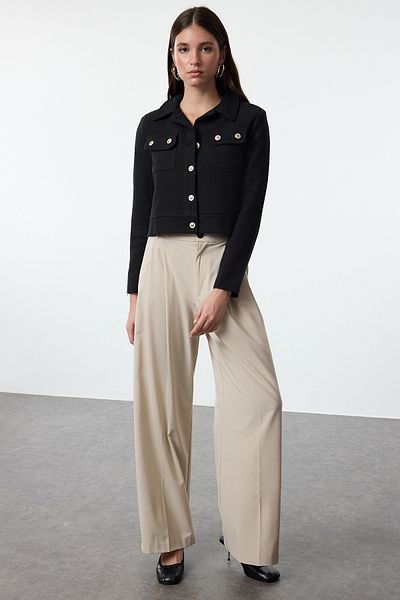 Trendyol Collection Черно златисто златисто късо сако - яка на риза, с копчета, тъкани Twoaw23Ce00252