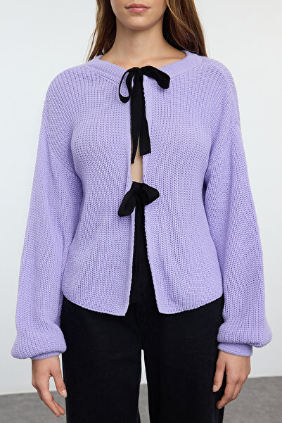 Trendyol Collection Crop liliac, cu două fețe, purtabil, cu panglică/funda, tricotaje cu detaliu, pulover TWOAW25KZ00074