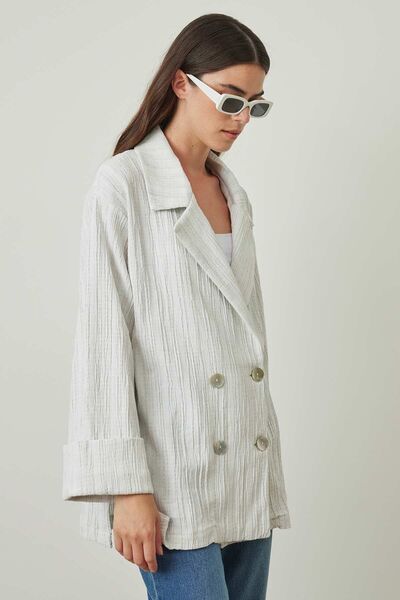 Hooopstore سترة كتان زرقاء - زر أم اللؤلؤ