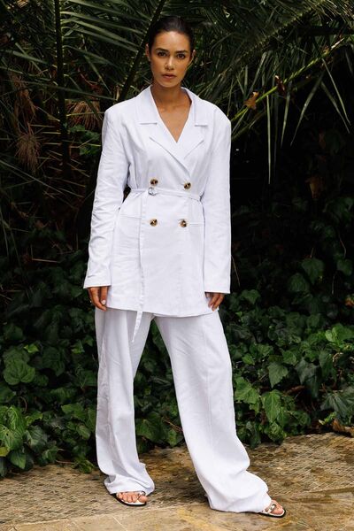 Hooopstore White Linen Blazer - Jacket with Tie Detail