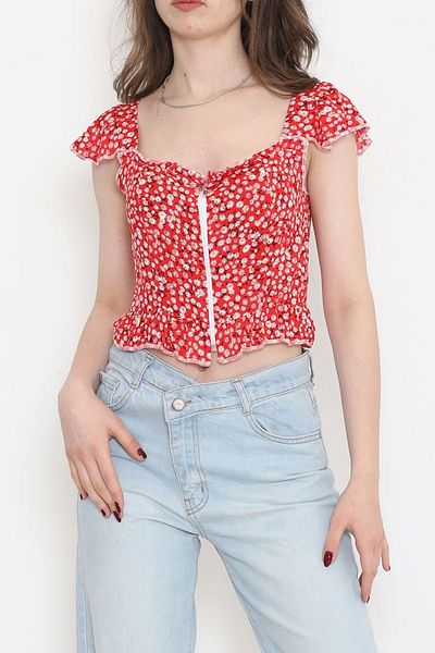 elbse Dean Red Floral Print Zip Crop Blouse - 18473.1153