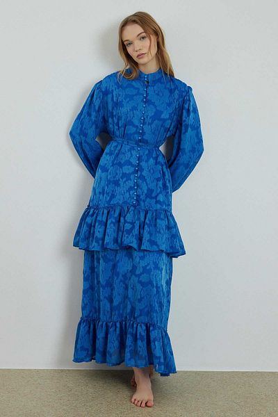 Hooopstore Saks Blue Floral Tulle Patterned Dress