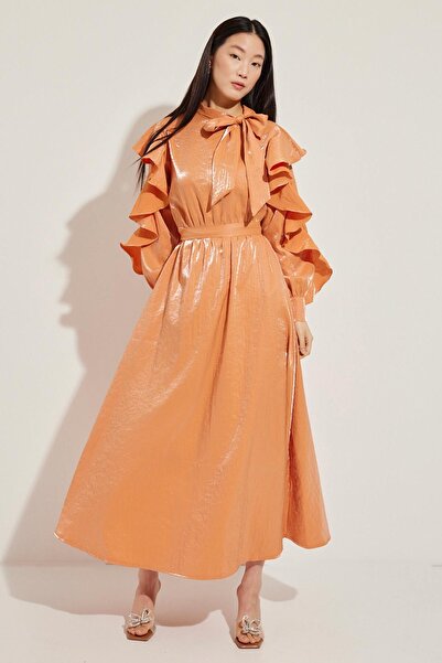 Hooopstore Bright Orange Ruffle Sleeve Detailed Dress