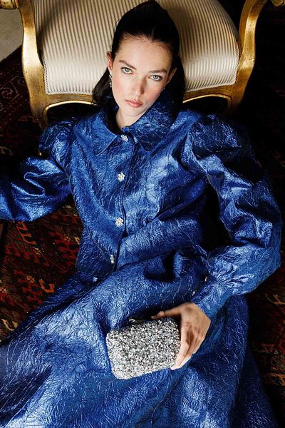 Hooopstore Saks Blue Brocade Skirt and Stone Button Suit