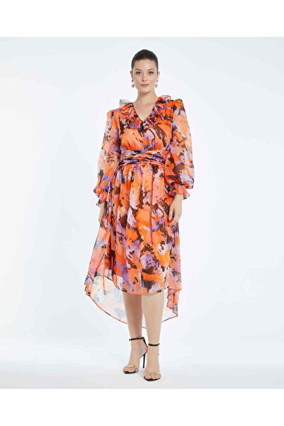 SERPİL Yaka Detaylı Şifon Turuncu Elbise 38262