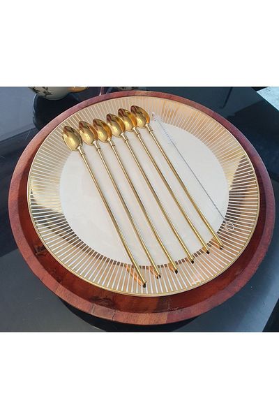 LOVYCO Gold 6-Piece Stainless Straw Cocktail Bar Spoon and Cleaning Brush, Latte Spoon with Straw 22 Cm