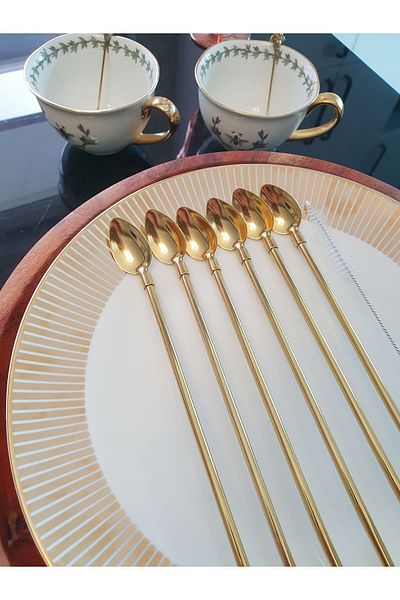 LOVYCO Gold 6-Piece Stainless Straw Cocktail Bar Spoon and Cleaning Brush, Latte Spoon with Straw 22 Cm