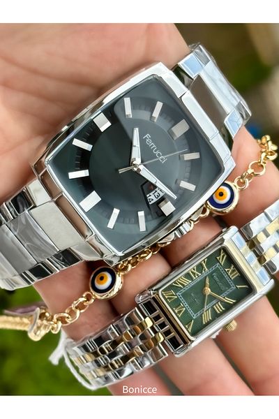 Ferrucci Colorful Steel Band Lover Watches - Silver/Yellow Rosary Bracelet Gift