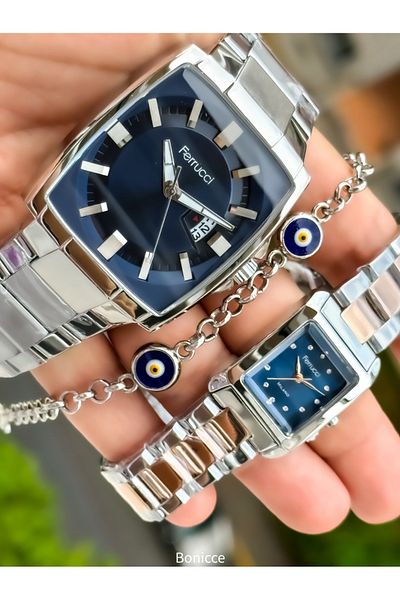Ferrucci Rose Brand Navy Blue Steel Cord Square Bracelet - Double Wristwatch and Rosary Gift