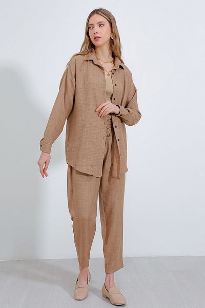 Bigdart Damen Camel Oversize Leinen Bottom Top Set 6622