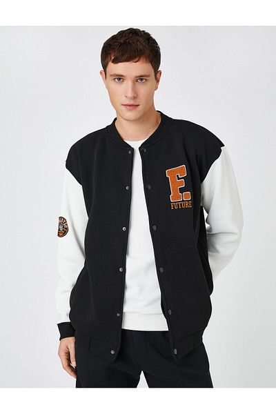 Koton Basic College Jacket Bomber Collar with Pocket Detail and Snap Fasteners