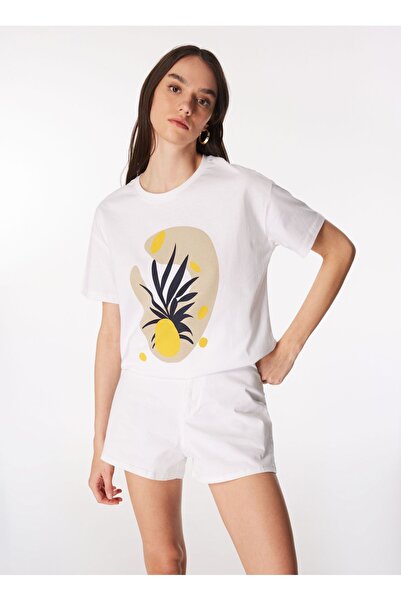 Fabrika Bisiklet Yaka Baskılı Beyaz Kadın T-shirt F4sl-tst0347