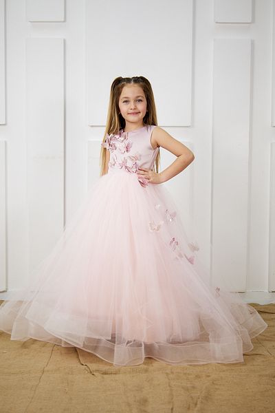 zühre balaban Powder Color Butterfly Patterned Evening Dress for Girls