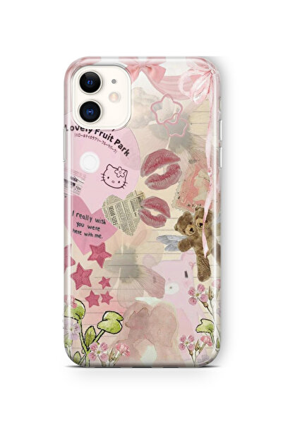 Space Star iPhone 11 Uyumlu Hello Kitty Kolaj Tasarım Baskılı Şeffaf Kılıf