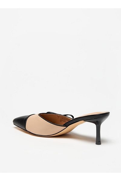Flora Bella by Shoexpress Flora Bella Dual Tone Slip-On Mules with Kitten Heels and Bow Applique
