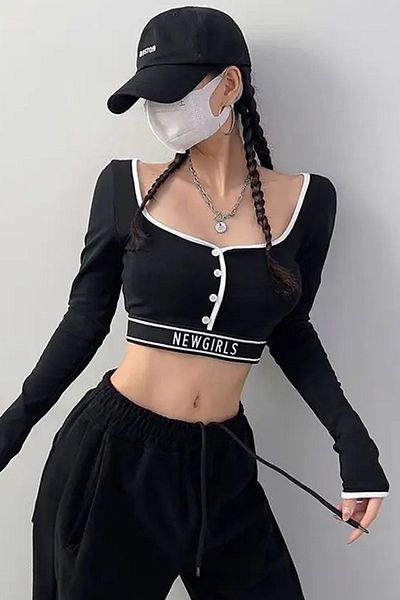 Köstebek Newgirls Black Crop T-Shirt - White Stripe, Long Sleeve