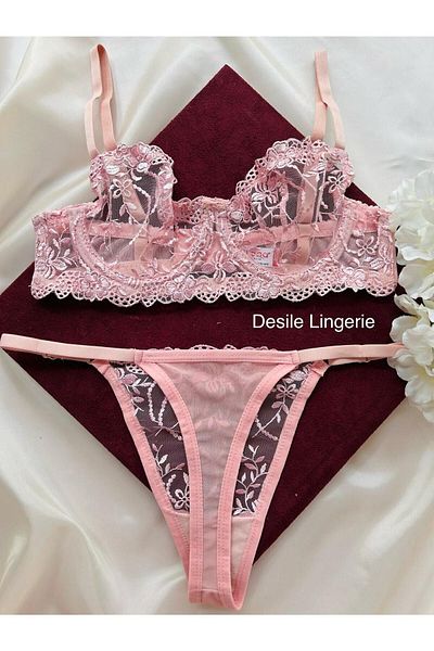 CES'Y LİNGERİE Set sutien sex damă cu broderie roz - cu sârmă și dantelă