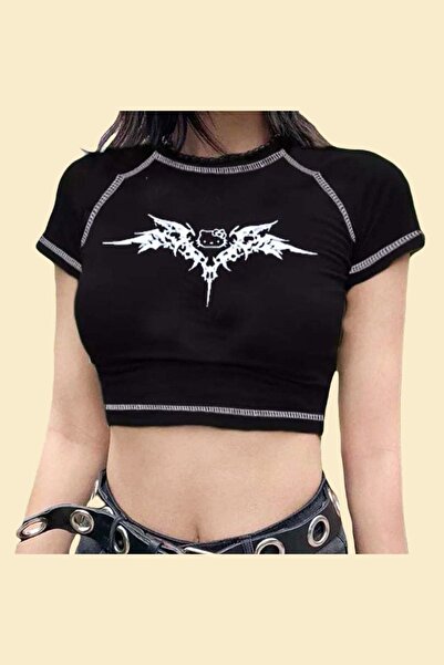 Köstebek Anime Gotik Hello Kitty Siyah Crop T-shirt