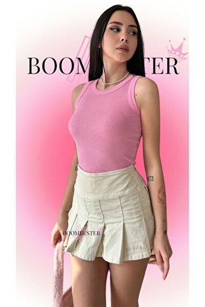 BoomBester Γυναικεία μπλούζα ροζ καμισόλε - Αμάνικη, μακρύ κροπ, εσώρουχο πάνω από την κοιλιά