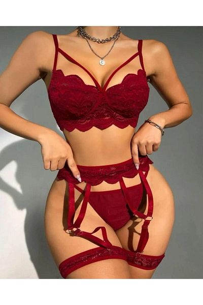 DESİLE Linda Claret Red 5 Piece Fancy Garter Set