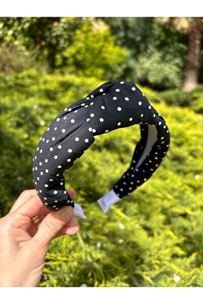 ByMerve Bym481 Дамска корона за коса на черно и бяло на точки - възел от плат
