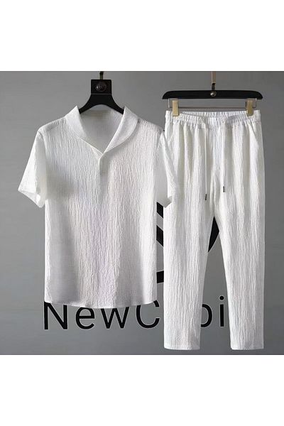 NewCabin Summer Lycra White T-Shirt and Sweatpants Set - Short Sleeve, Wrapped Crinkle Fabric, Set of 2