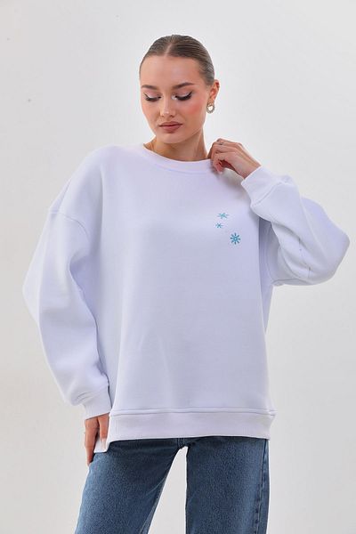 kallima Hanorac gros de iarnă, supradimensionat/larg, cu model de fulgi de nea, alb, pentru femei, cu fleece în interior