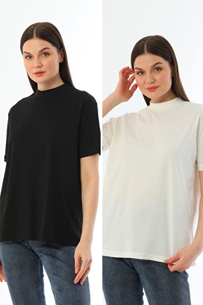 kallima Ecru-black 2-pack Stand-up Collar Comfortable Fit 100% Cotton T-shirt