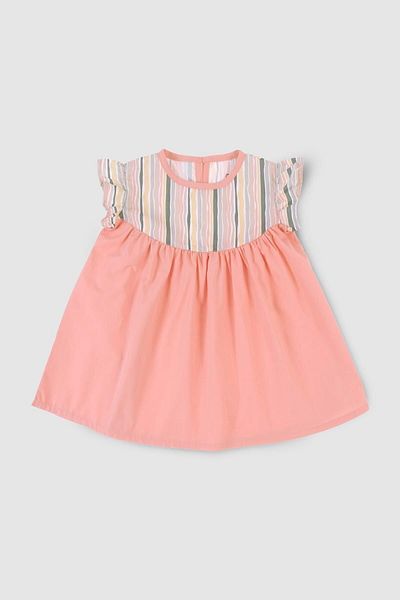 Little Gusto Pink Striped Organic Cotton Baby Dress - Ruffled