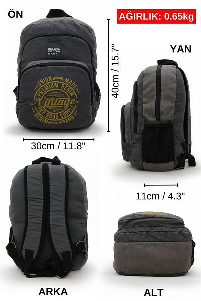 Old Cotton 7184 Revilla Grey Backpack Σχολικό ταξίδι -15,6 ιντσών Laptop - Τσάντα από βαμβακερό ύφασμα από καμβά για σημειωματάριο