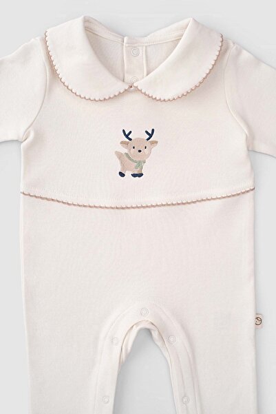 Little Gusto Organic Cotton Baby Collared Jumpsuit Playtime Deer Embroidered