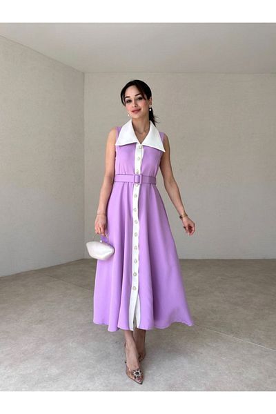 Afiş Butik Rochie albă liliac cu gât ascuțit cu curea - nasturi în față, mânecă zero