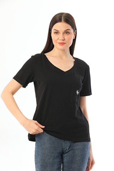 kallima Pack of 2 Ecru-Black V-Neck Comfortable Fit Embroidered 100% Cotton T-Shirt