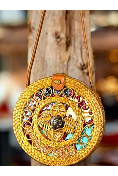 sasegrup Yuvarlak Rattan Hasırı Omuz Çantası Yuvarlak Desenli