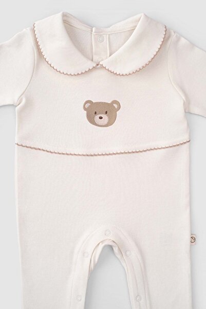 Little Gusto Organic Cotton Baby Collared Jumpsuit Playtime Teddy Bear Embroidered